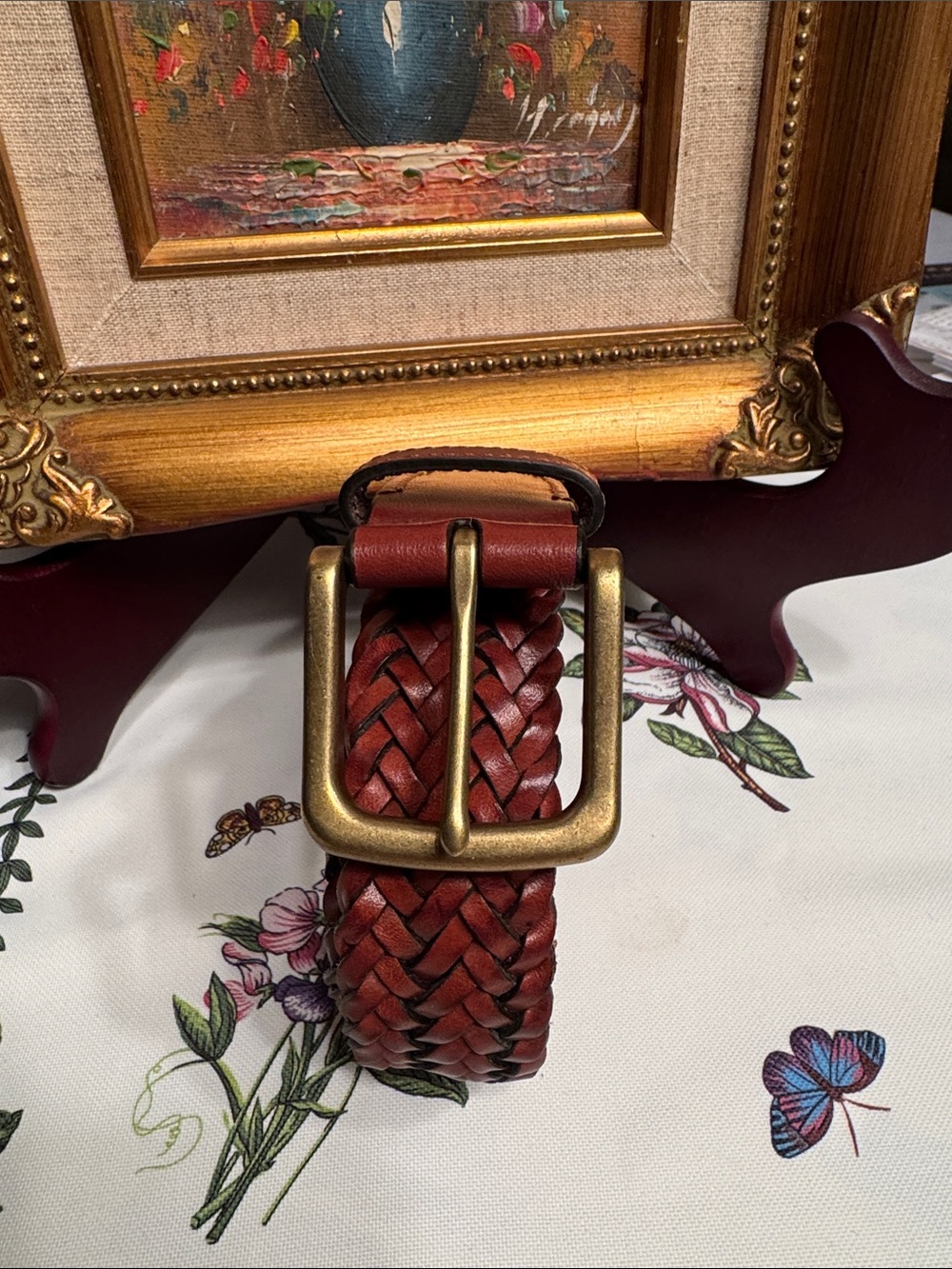 Lucky Brand Braided Leather Belt in Red-Brown with Antique Brass Buckle